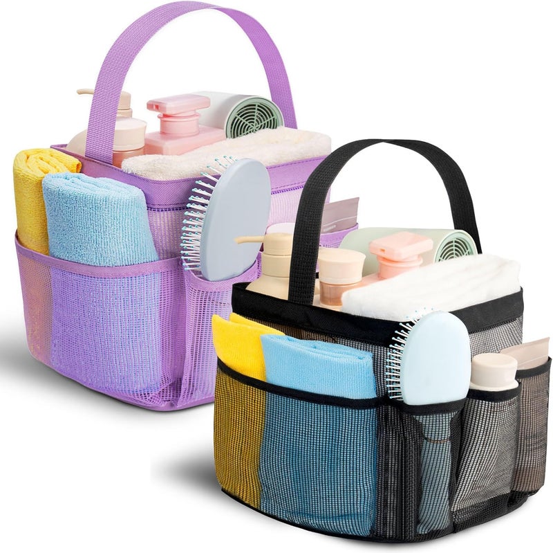 Asisnt Mesh Shower Caddy for College Dorm Room Essentials for Girls with 9 Pockets,Large-Capacity Shower Basket,Quick Dry Toiletry Tote Bag,Outdoor Gym,Travel,Swim,Beach Camping Essentials-Black and Purple - Image 1